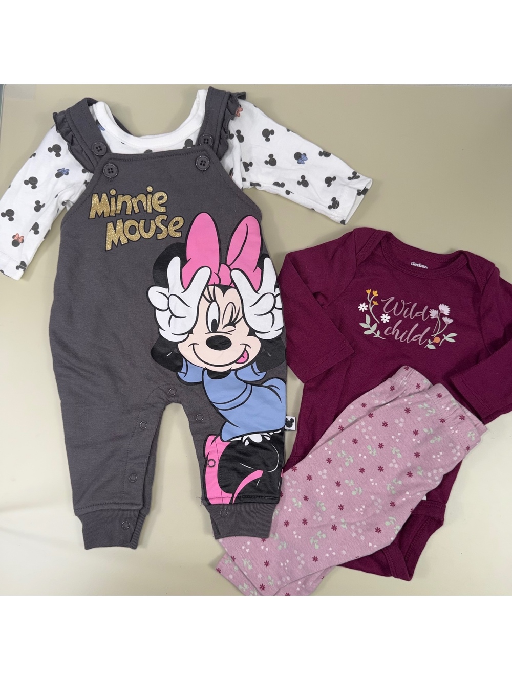 Disney Minnie Mouse & Gerber Baby Girls 0-3M 4 Piece Lot